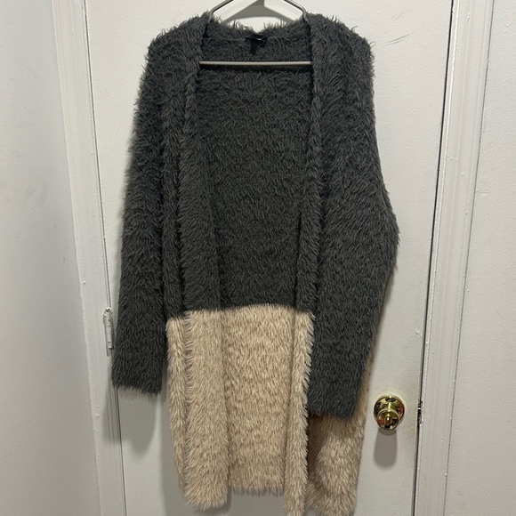 Express Sweaters - Express Fuzzy Charcoal and Beige Cardigan